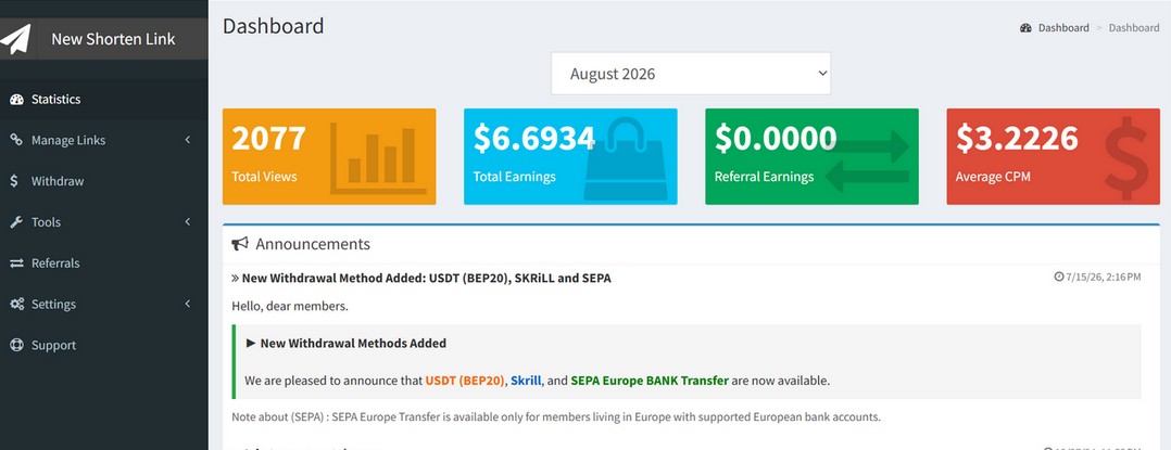 TMEarn dashboard for earning money from shortened links