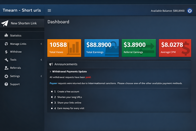 Tmearn dashboard showing earnings and clicks
